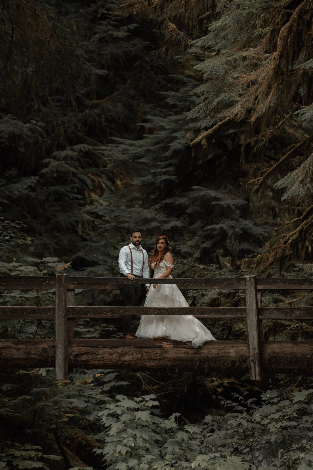 The couple on a mossy forest footbridge