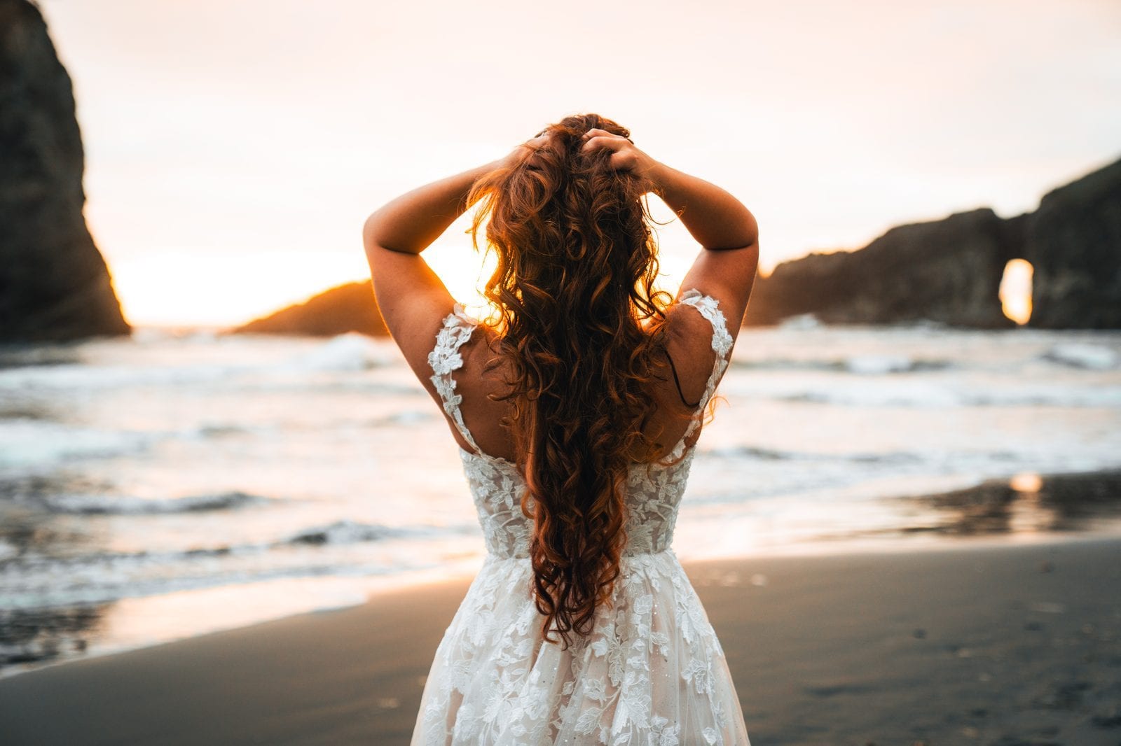 The bride on the beach at sunset