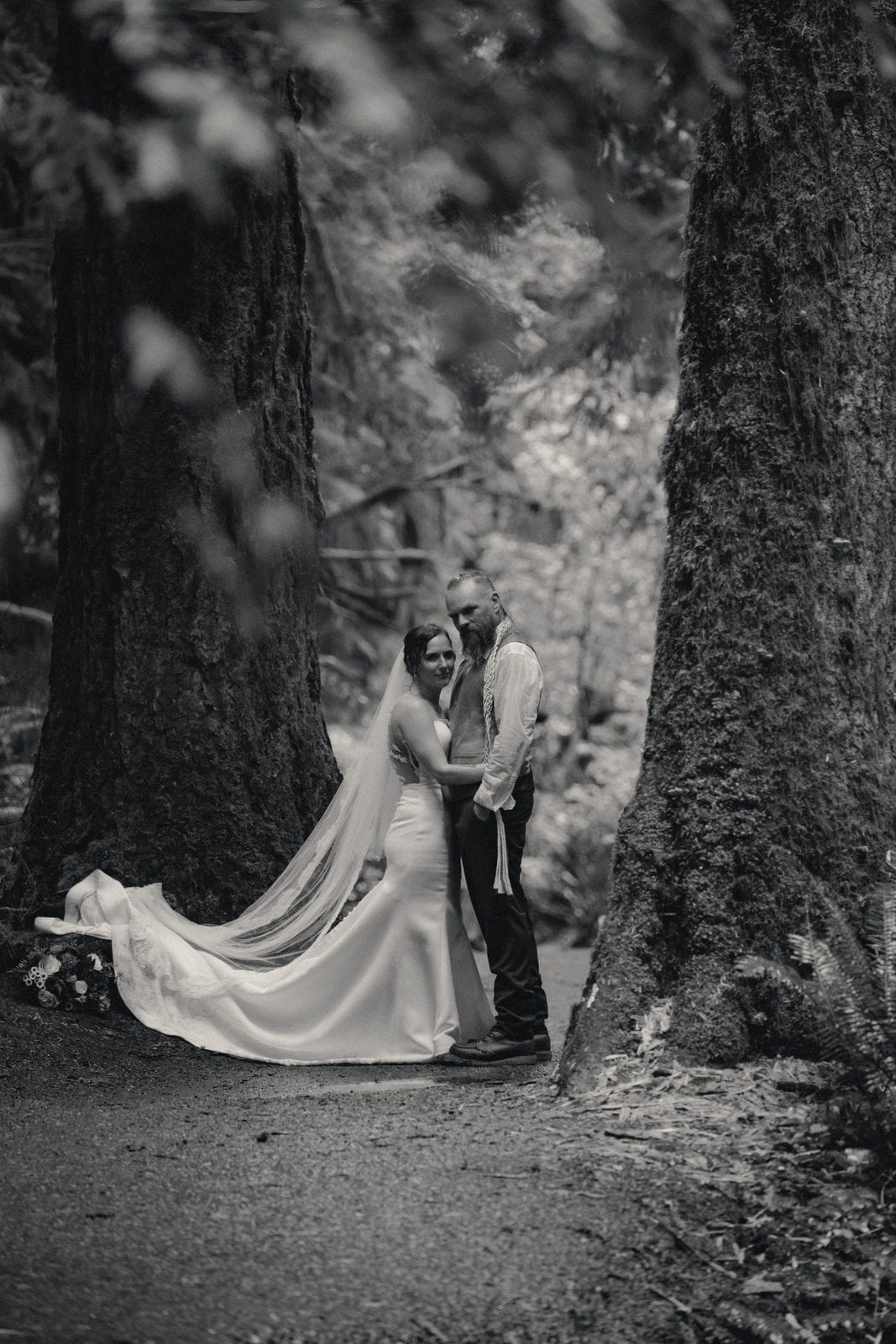 Walking away down the forest path, black and white