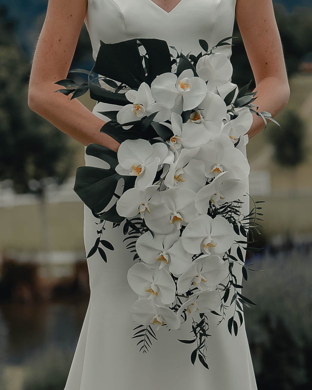 Cascading white orchid bridal bouquet